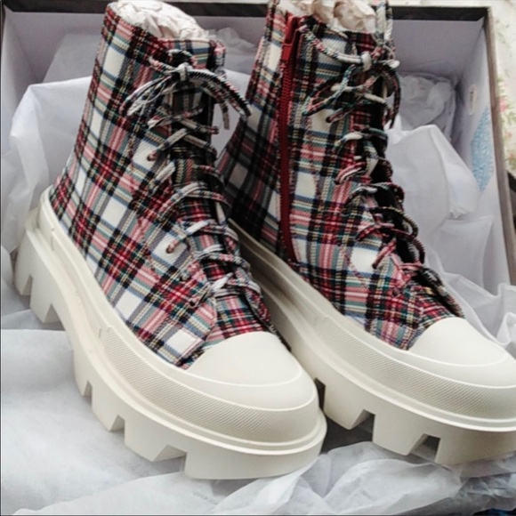 Jeffrey Campbell Plaid Tartan Print Platform High-Top Sneakers / boots NIB - Picture 6 of 9